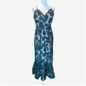 Pre-owned Lulu's Teal Floral Lace Midi Dress